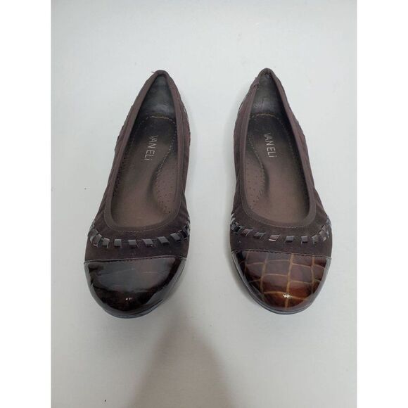 Vaneli Brown Suede and Patent Crocodile Detail Ballet Flats Narrow - Picture 4 of 7